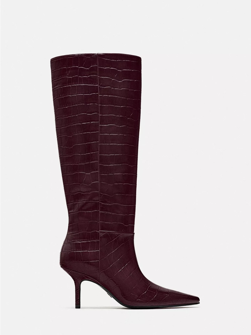 Zara Mock Croc Knee High Heeled Boots in Burgundy Red